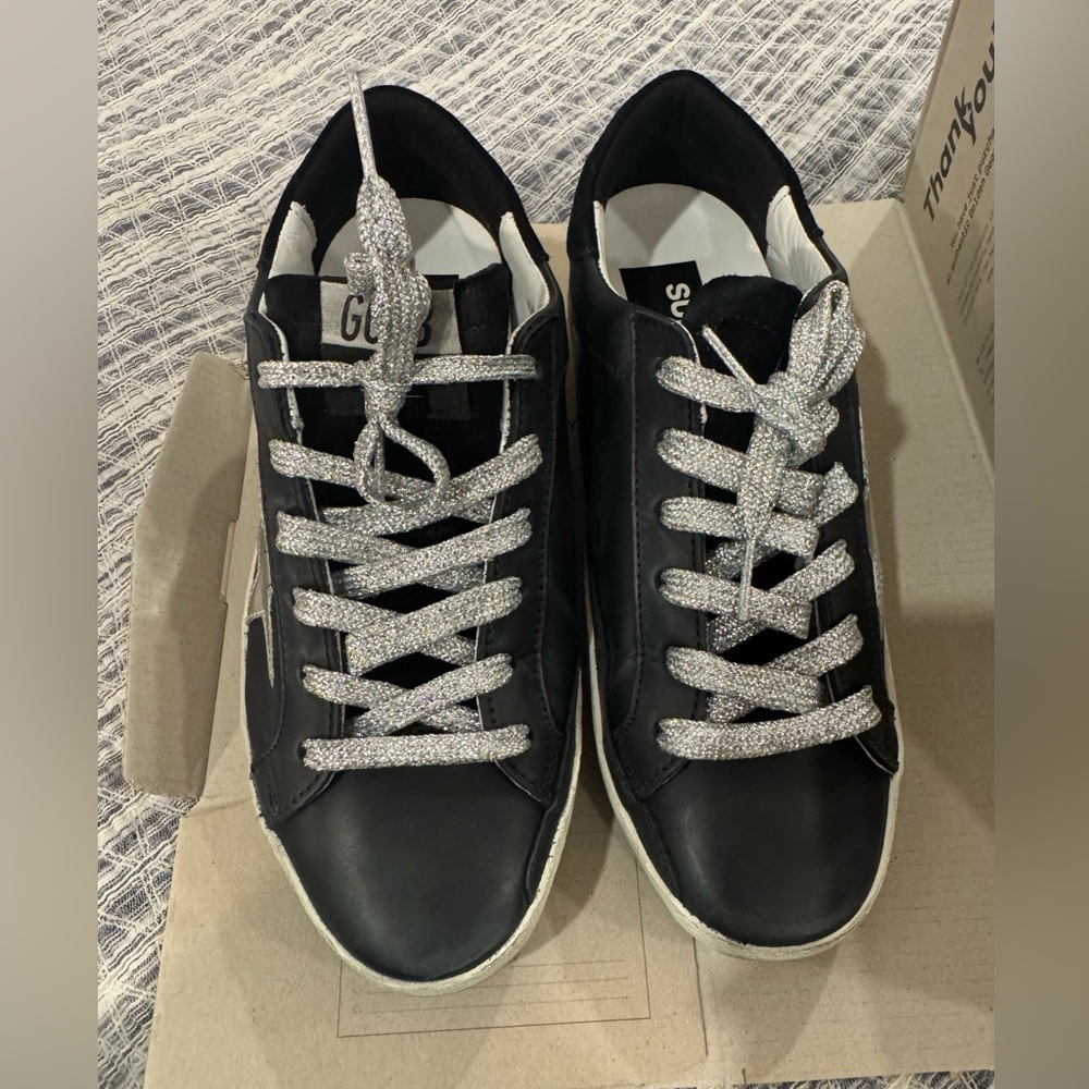 Golden Goose Black Leather Low Tops (Silver Glitter Laces)